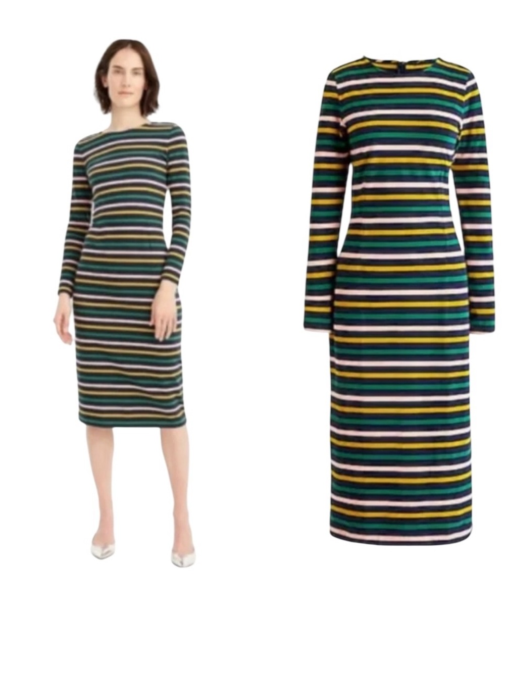 J. Crew Multistripe Long-Sleeve Knit Sheath Midi Dress (C)